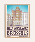 Front view Brussels Architecture Print poster featuring Old England building and Brussels text
