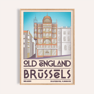 Front view Brussels Architecture Print poster featuring Old England building and Brussels text