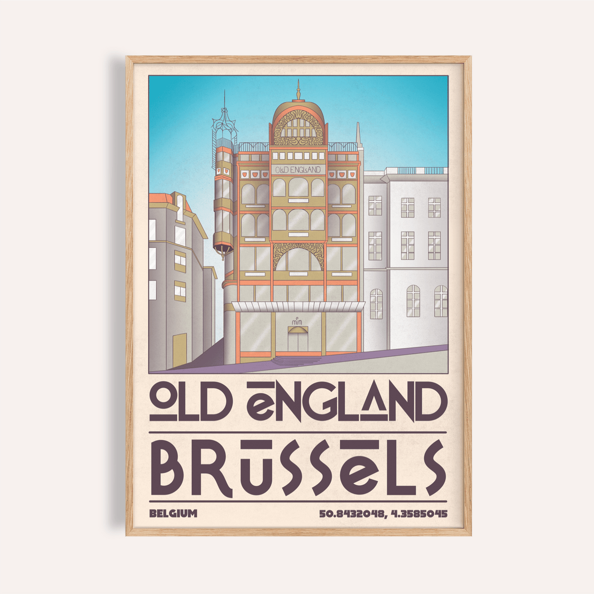 Front view Brussels Architecture Print poster featuring Old England building and Brussels text