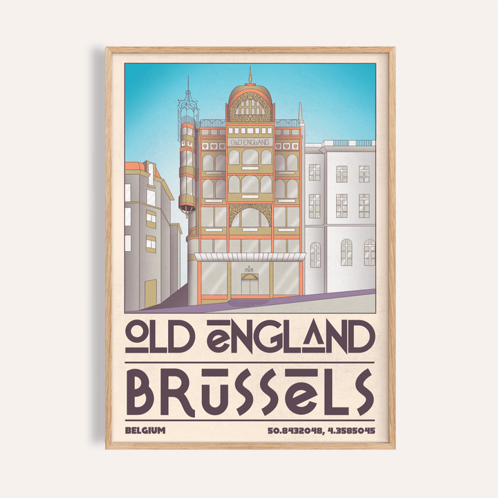 Front view Brussels Architecture Print poster featuring Old England building and Brussels text