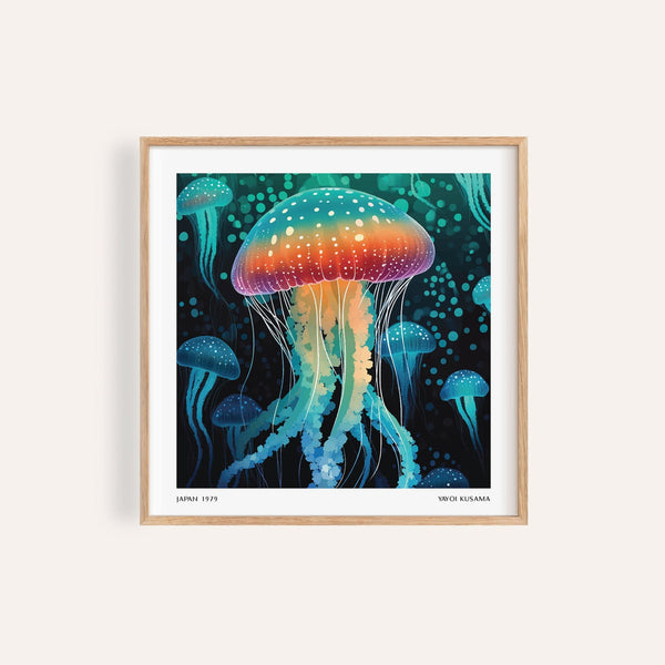 Art unique wall print featuring rainbow jellyfish and dotted design