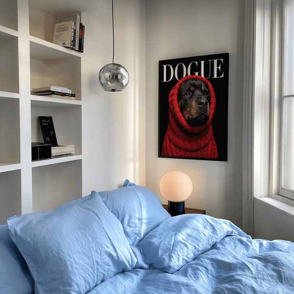 Rottweiler Art decor featuring Red sweater, Black background for lounge