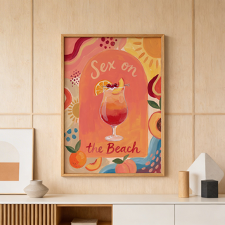 Featuring a painterly cocktail print poster with stemmed glass, fruit garnish, and hand lettering