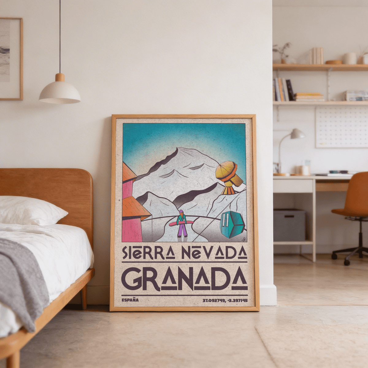Retro ski travel artwork showing angular chalet roofs and alpine peak