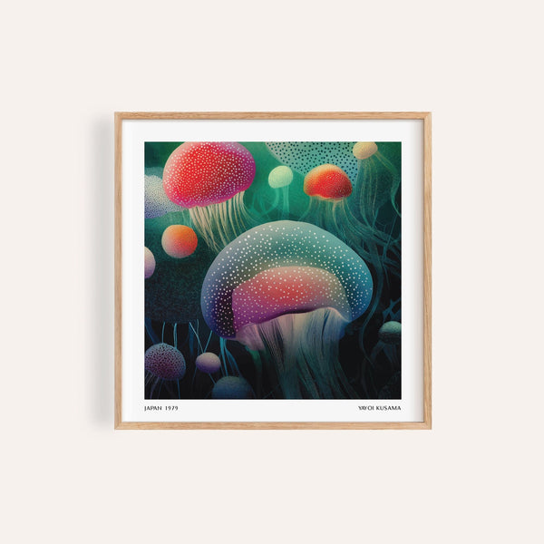 Abstract jellyfish ocean prints inspired by Yayoi Kusama for tranquil living rooms