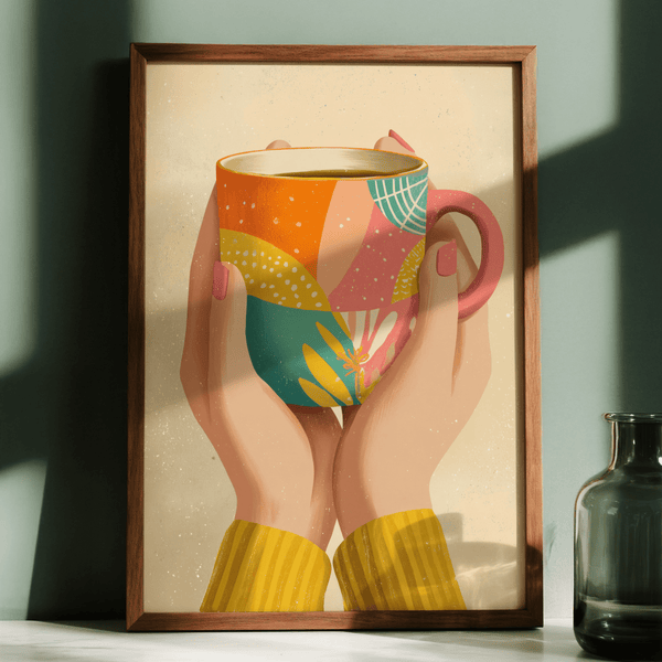 Colorful Coffee Mug Art with abstract orange patterns for kitchen gallery wall