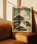 Japanese Landscape Poster in green and white hues, perfect for study wall art