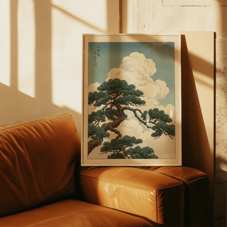 Japanese Landscape Poster in green and white hues, perfect for study wall art