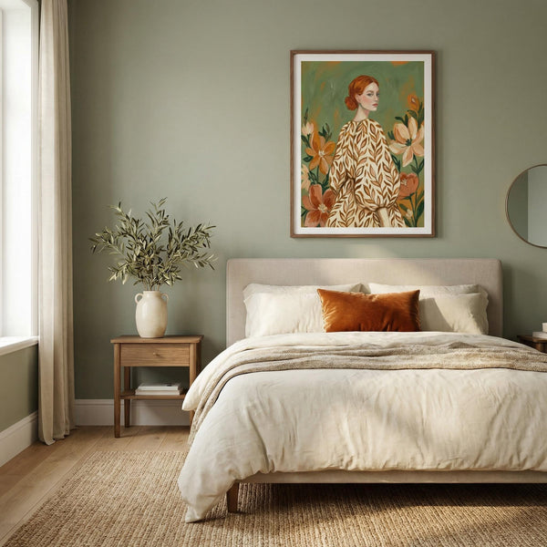 Cozy bedroom with a bed, side table, and wall art.