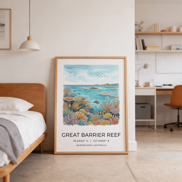 Detailed coral reef wall art print with clownfish and branching corals