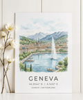Detailed lakeside townscape wall art print with tall water jet and rooftops