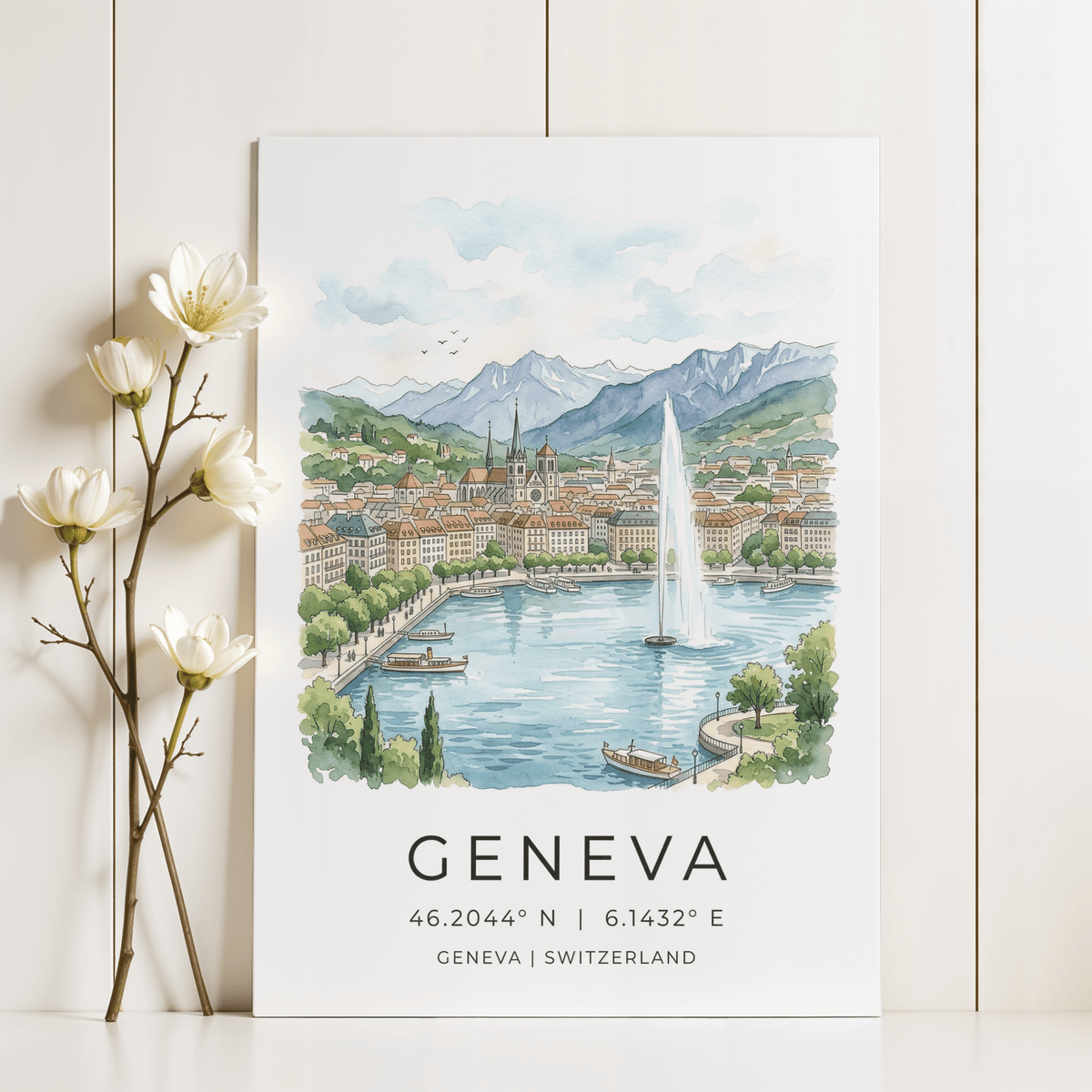Detailed lakeside townscape wall art print with tall water jet and rooftops