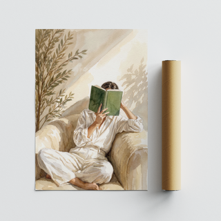 Botanical-accent poster print of a reader on a sofa with negative space background