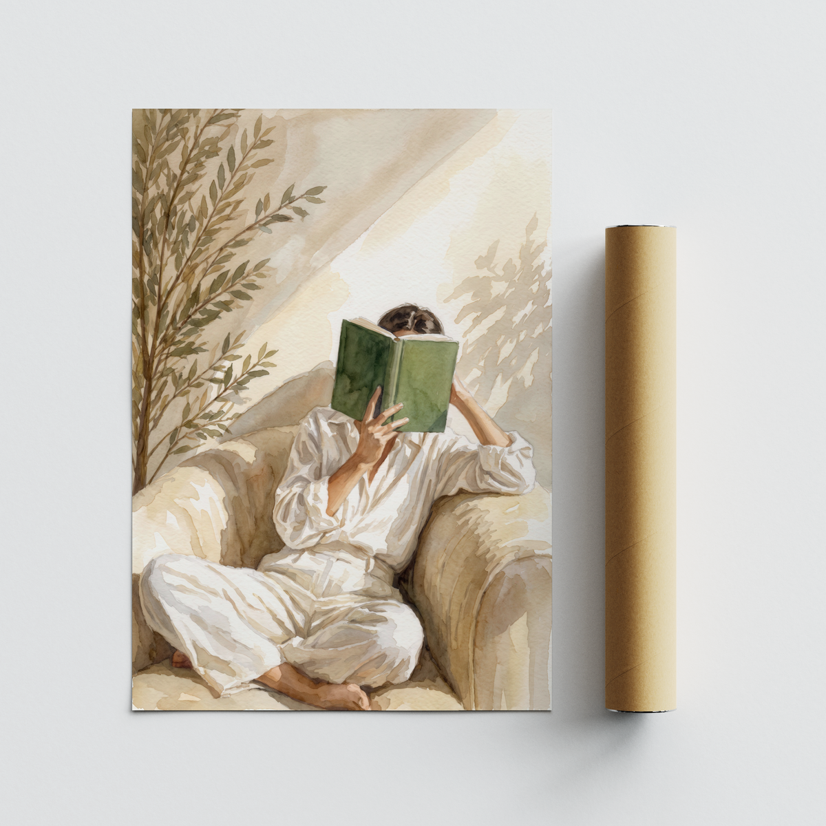 Botanical-accent poster print of a reader on a sofa with negative space background