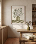 Nestled corner of a kitchen with wooden cabinets, a table, and a wall art piece.