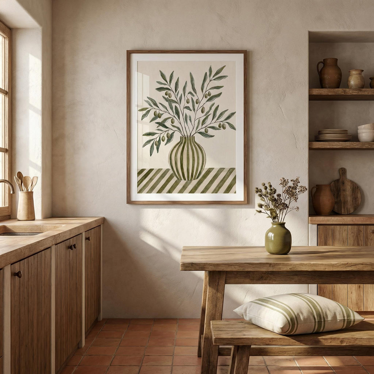 Nestled corner of a kitchen with wooden cabinets, a table, and a wall art piece.