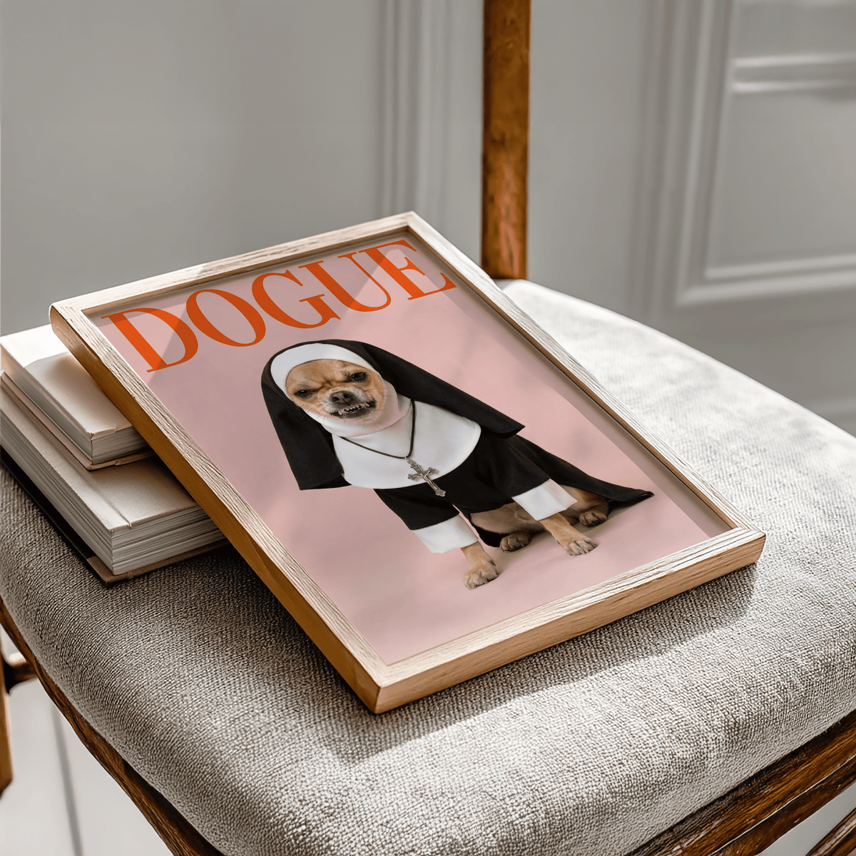 Chihuahua Nun Costume Art poster with dog in nun costume, Black and White