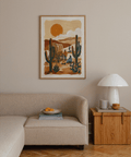 Desert Wagon Art Print in orange, green, brown for hallway wall art decor