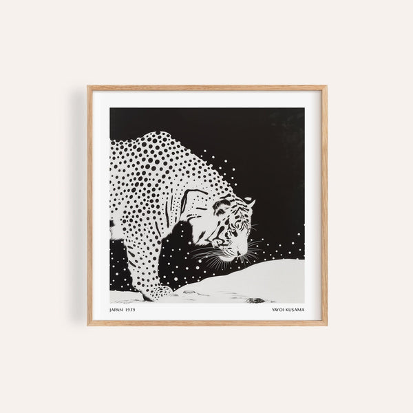 Monochrome japanese tiger art in Kusama-inspired polka dot style