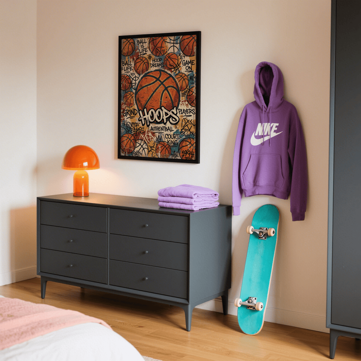 Urban Basketball Wall Art print with repeating basketball outlines and street-style typography