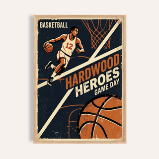 Basketball poster featuring a dribbling player and bold Hardwood Heroes text