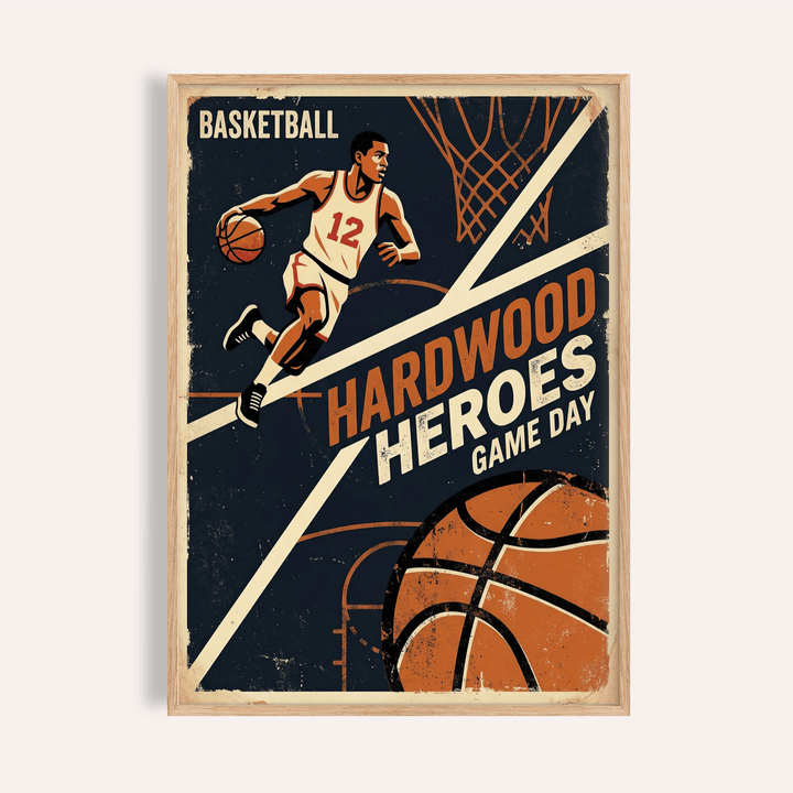 Basketball poster featuring a dribbling player and bold Hardwood Heroes text