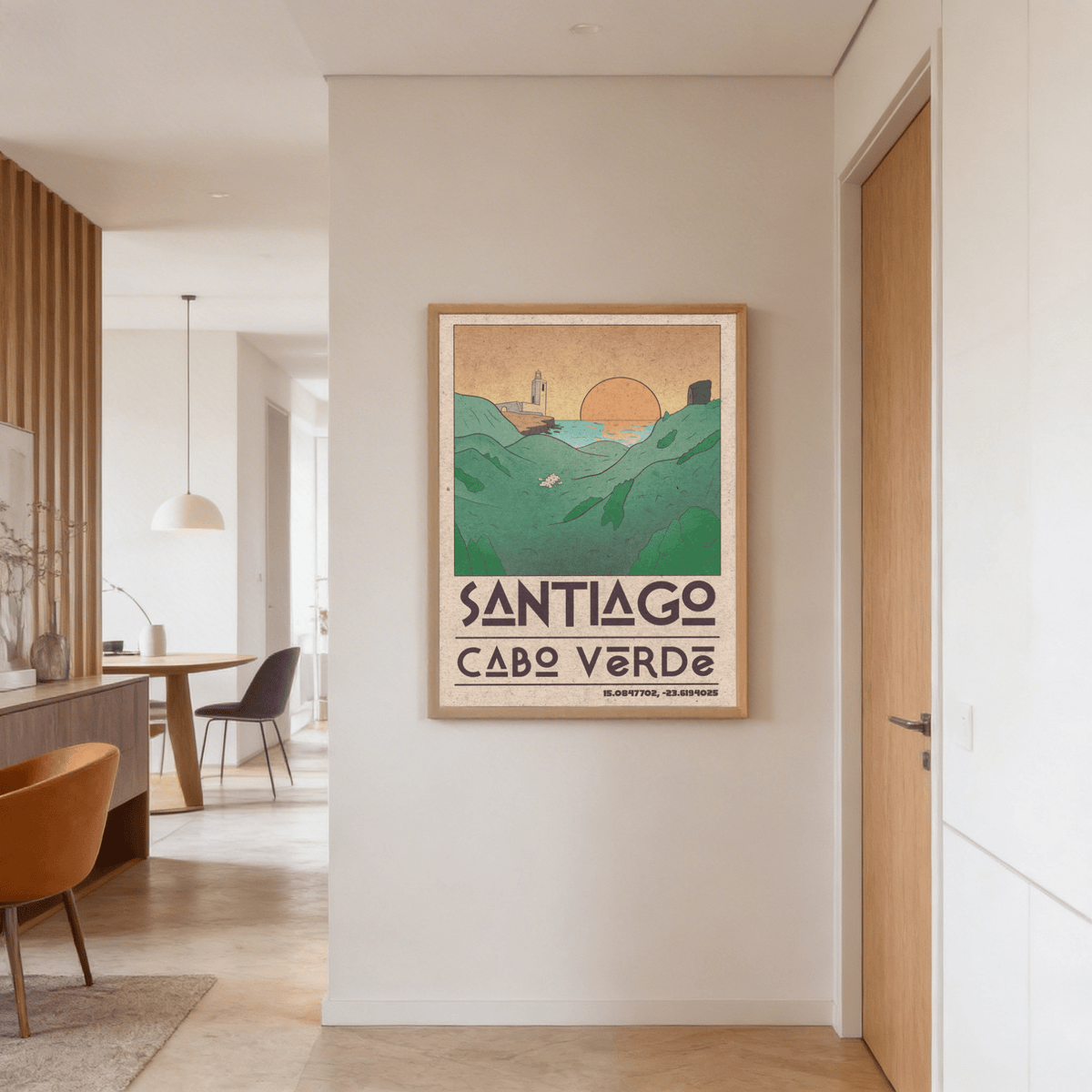 Santiago Cabo Verde Art Print with stylized hills, lighthouse silhouette, and horizon sun motif