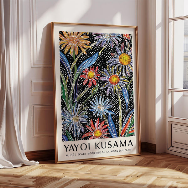 Floral pop art with multicolored daisies on a dotted black background.