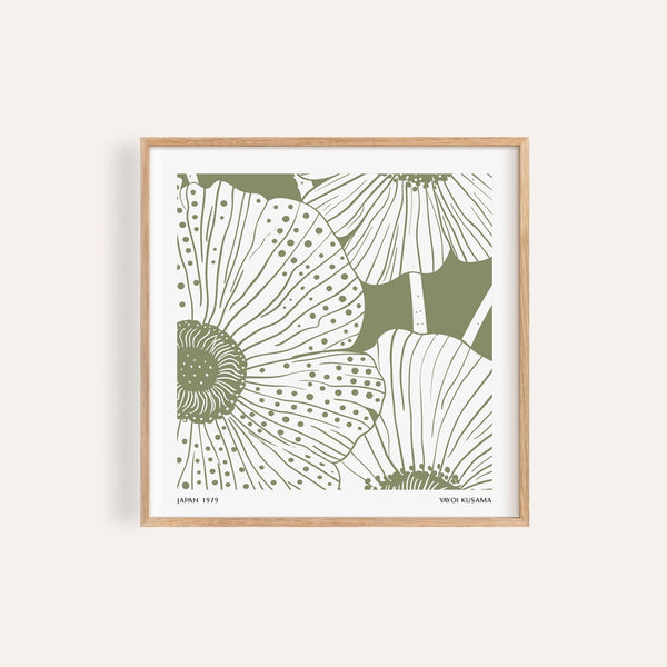Sage green abstract wall art with dotted floral patterns in Kusama style