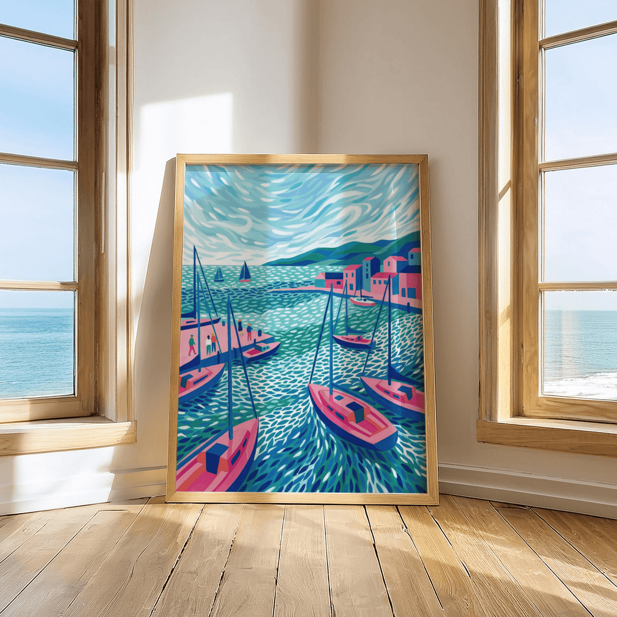 Serene Sailboats Wall Art with green and blue for nautical bedroom print