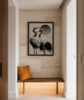 Nature-inspired Black and White Crane Print for modern living room wall art, featuring Black and White
