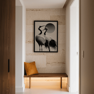 Nature-inspired Black and White Crane Print for modern living room wall art, featuring Black and White