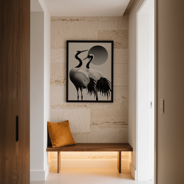 Nature-inspired Black and White Crane Print for modern living room wall art, featuring Black and White