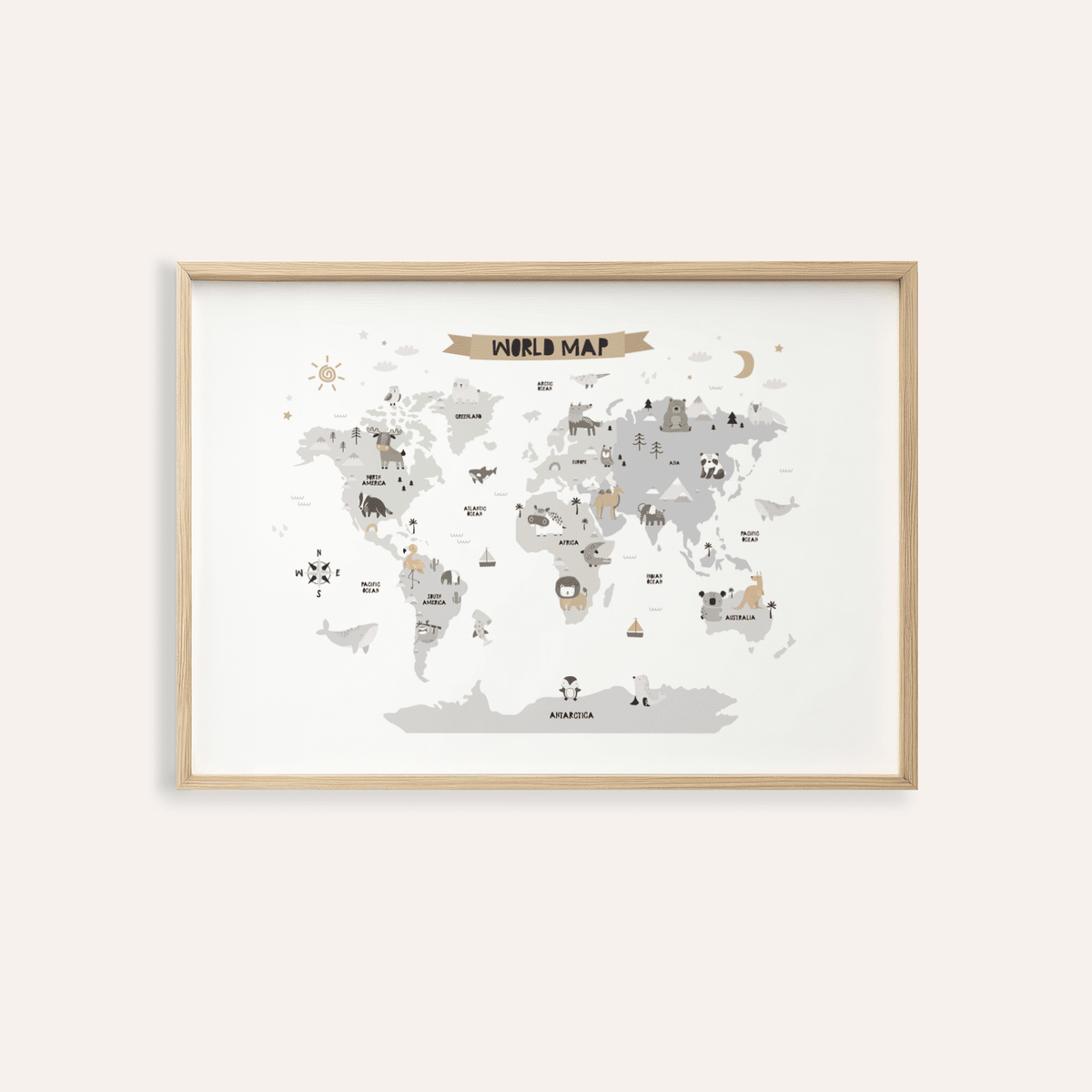 Childs World Map wall art for playroom, Multicolored, Gray, White, printable poster