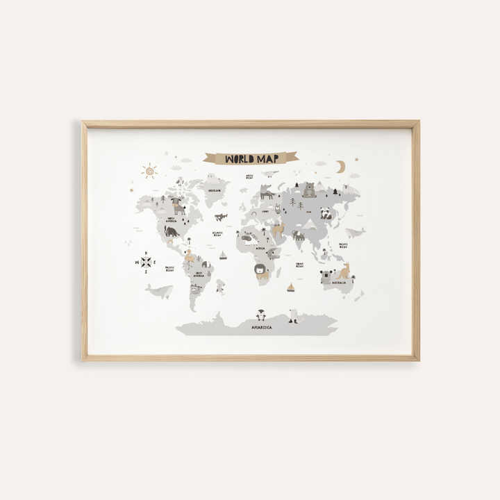 Childs World Map wall art for playroom, Multicolored, Gray, White, printable poster
