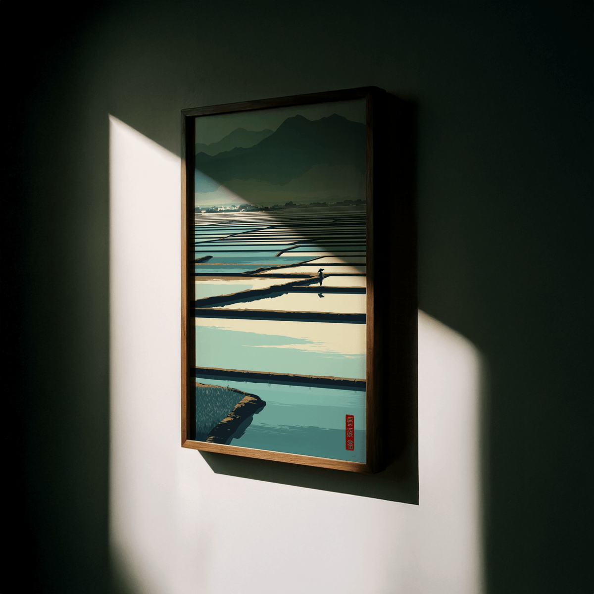 Graphic nature wall art of rice paddies with long horizontal bands and low village shapes