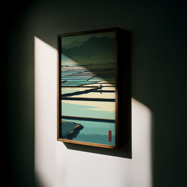 Graphic nature wall art of rice paddies with long horizontal bands and low village shapes