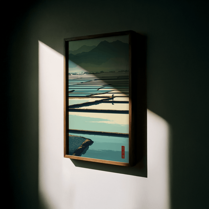 Serene Rice Field Poster framed close-up with blue and green minimalist rice paddies in soft shadow