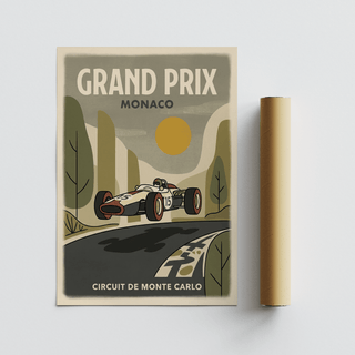 Motorsport Circuit Print depicting bold green, yellow, gray, red palette and curved road