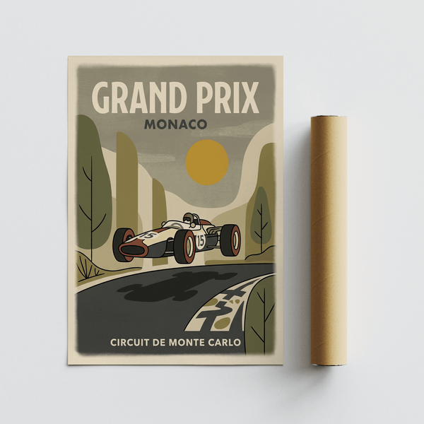 Motorsport Circuit Print depicting bold green, yellow, gray, red palette and curved road