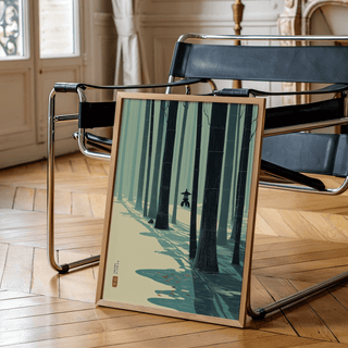 Serene forest wall art showing tall bamboo trunks and open ground