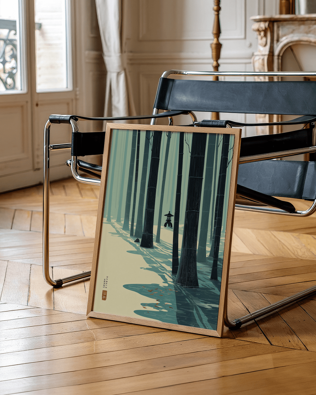 Serene forest wall art showing tall bamboo trunks and open ground