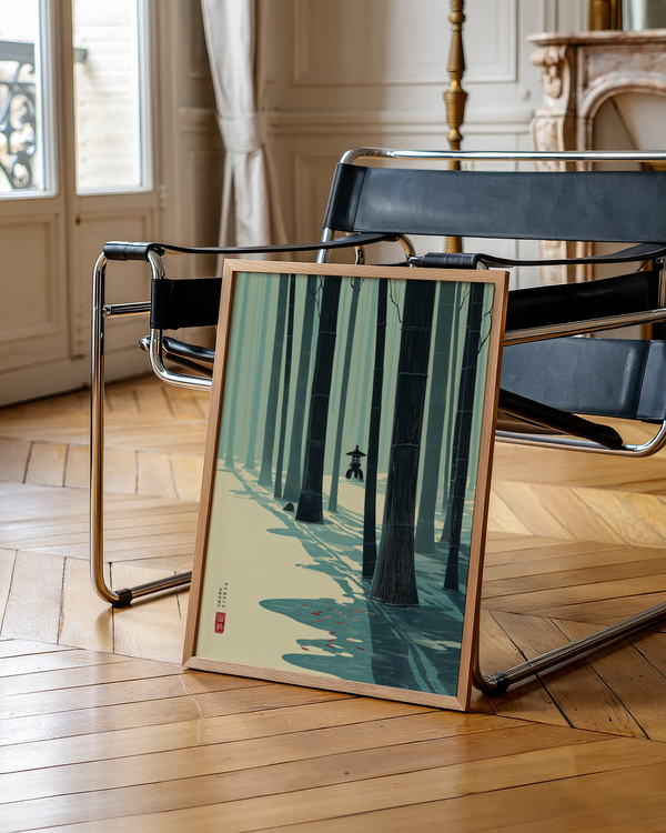 Serene forest wall art showing tall bamboo trunks and open ground