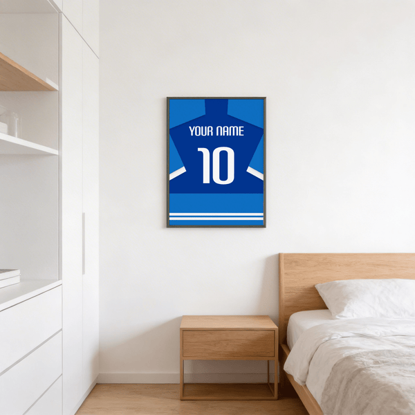 Personalised jersey wall art with YOUR NAME text in blue and white