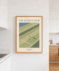 Illustrated Tennis Wall Art poster with court stripes, a single ball, and racket