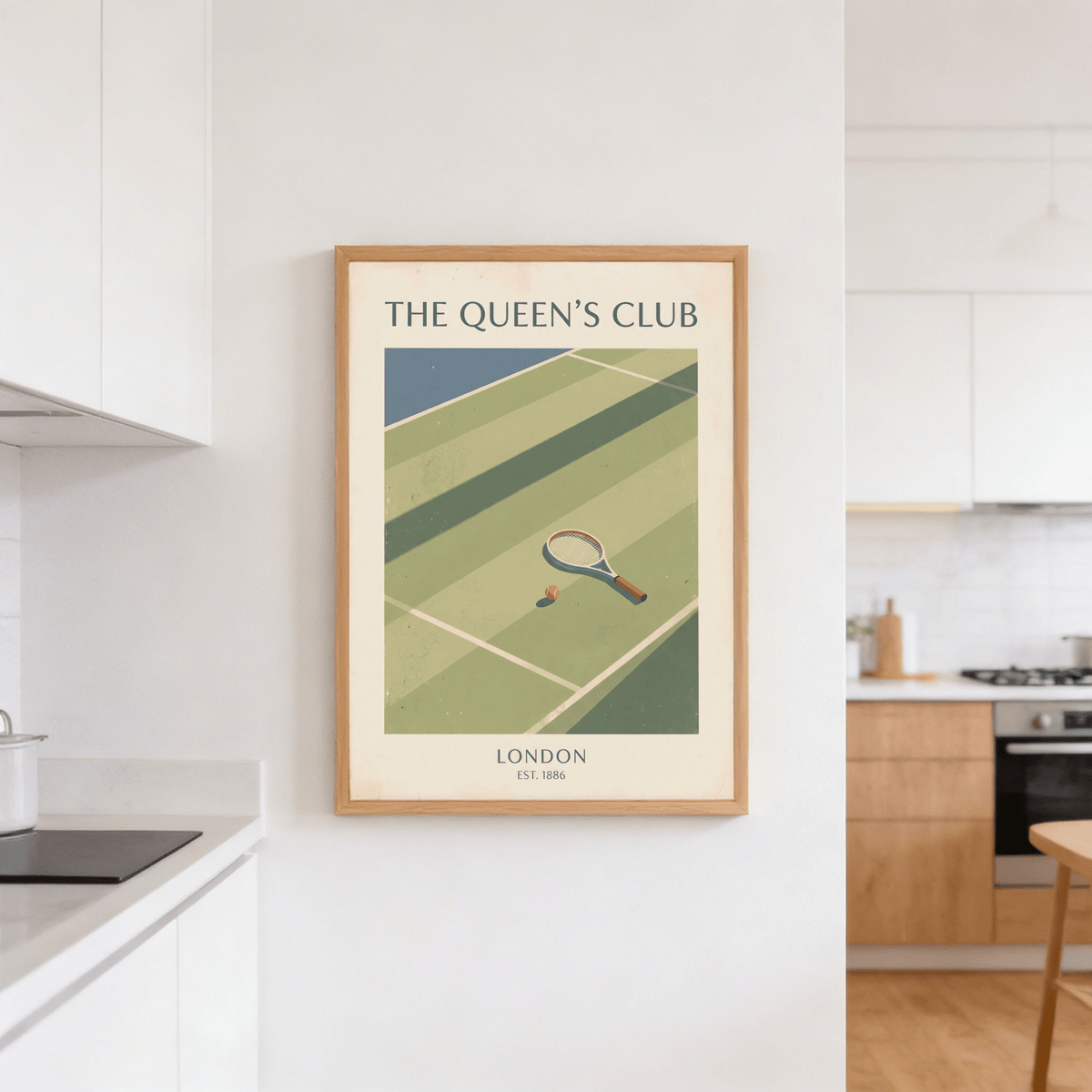 Illustrated Tennis Wall Art poster with court stripes, a single ball, and racket