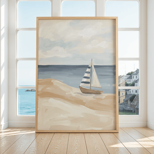 Beach Sailboat Wall Art with coastal blue and beige for dining room print