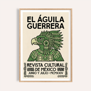 Front view Mexican Eagle Art Print poster with El Águila Guerrera text and green stylized eagle head illustration