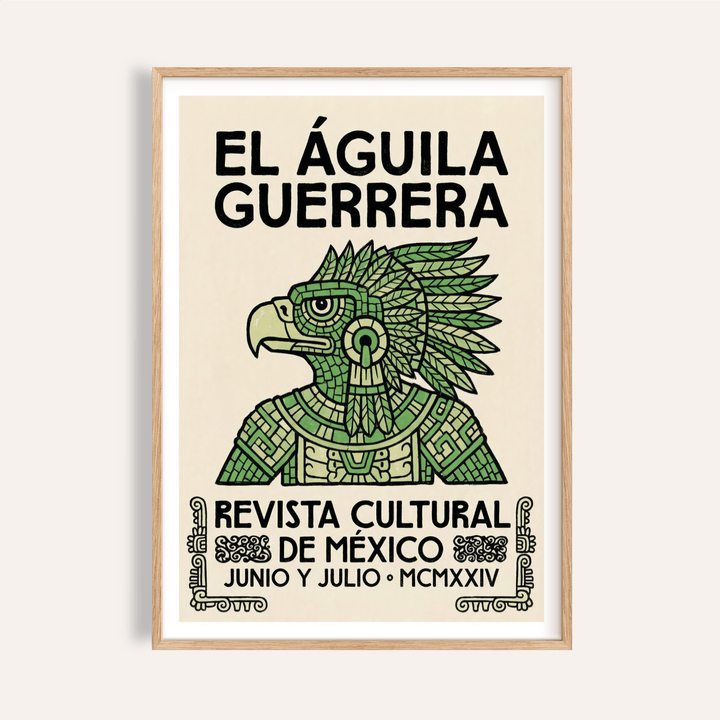 Front view Mexican Eagle Art Print poster with El Águila Guerrera text and green stylized eagle head illustration