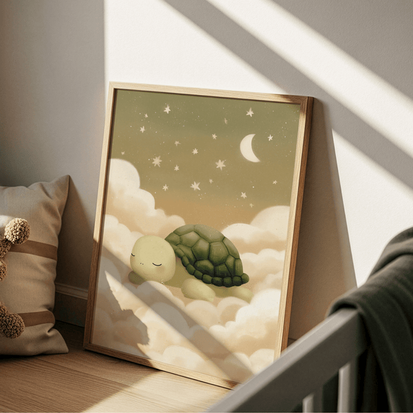 Cute Turtle Wall Art with white clouds for kids room wall art